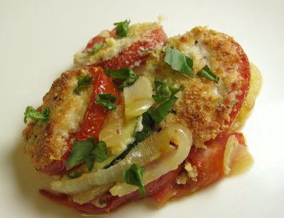 Tomato, Summer Squash, and Caramelized Onion Gratin
