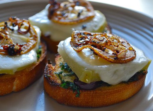 Fresh Mozzarella and Roasted Kohlrabi Crostini with Crispy Lemons and Shallots