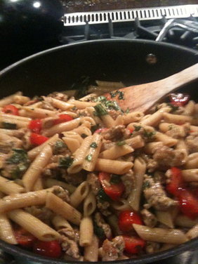 Penne with Turkey Sausage, Cherry Tomatoes and Basil