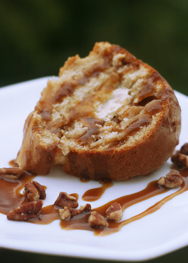Apple Bundt Cake with Cream Cheese Filling and Caramel Pecan Glaze