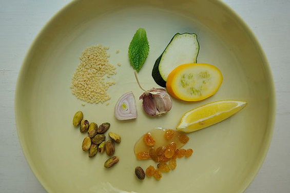 Summer Squash Couscous with Sultanas, Pistachios and Mint