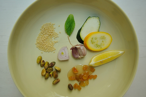Summer Squash Couscous with Sultanas, Pistachios and Mint