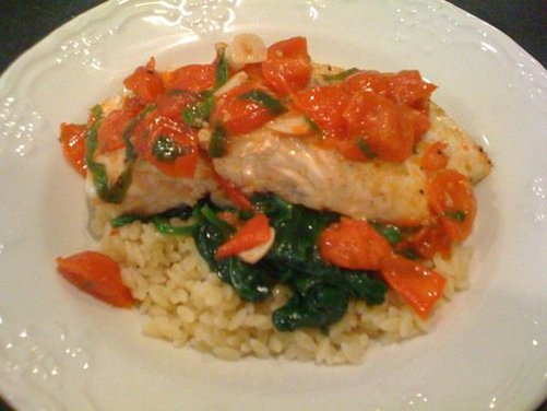 Halibut w/ basil, garlic, and tomato
