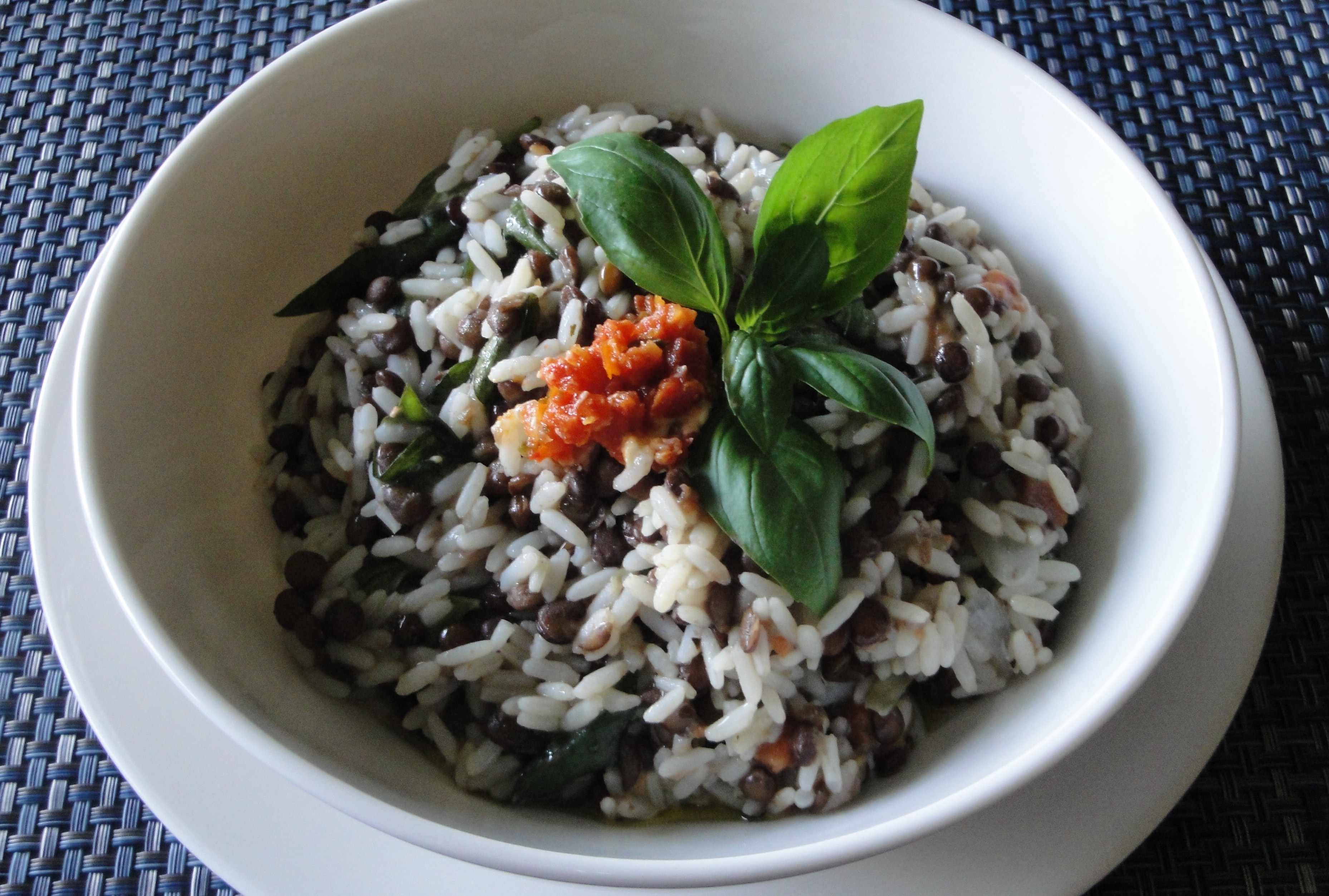 Basil and roasted peppers french lentils with rice
