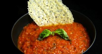 Chunky Tomato Basil Soup with Parmigiano Cheese Crisps