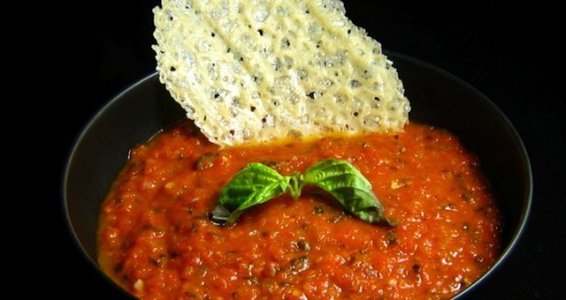 Chunky Tomato Basil Soup with Parmigiano Cheese Crisps