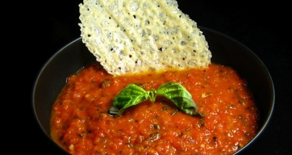 Chunky Tomato Basil Soup with Parmigiano Cheese Crisps