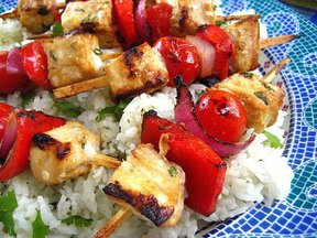 Tamari Citrus Marinated Swordfish Kabobs with Tomatoes, Onions and Peppers