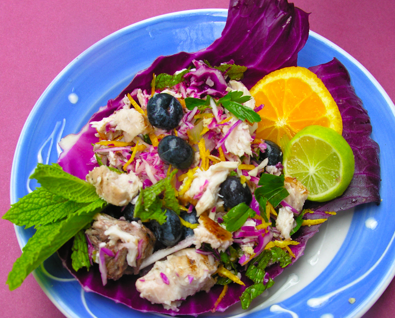 Chicken or Fish Salad with Toasted Almonds, Feta, Blueberries, Mint, and Orange Zest