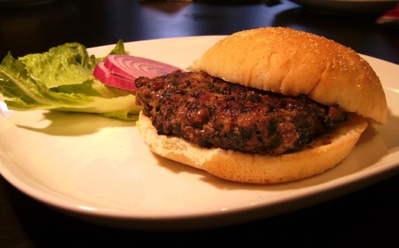 Beef Burger with Spinach, Roasted Poblanos, and Caramelized Onions
