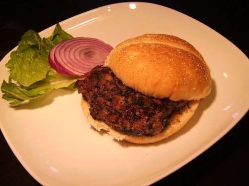 Beef Burger with Spinach, Roasted Poblanos, and Caramelized Onions