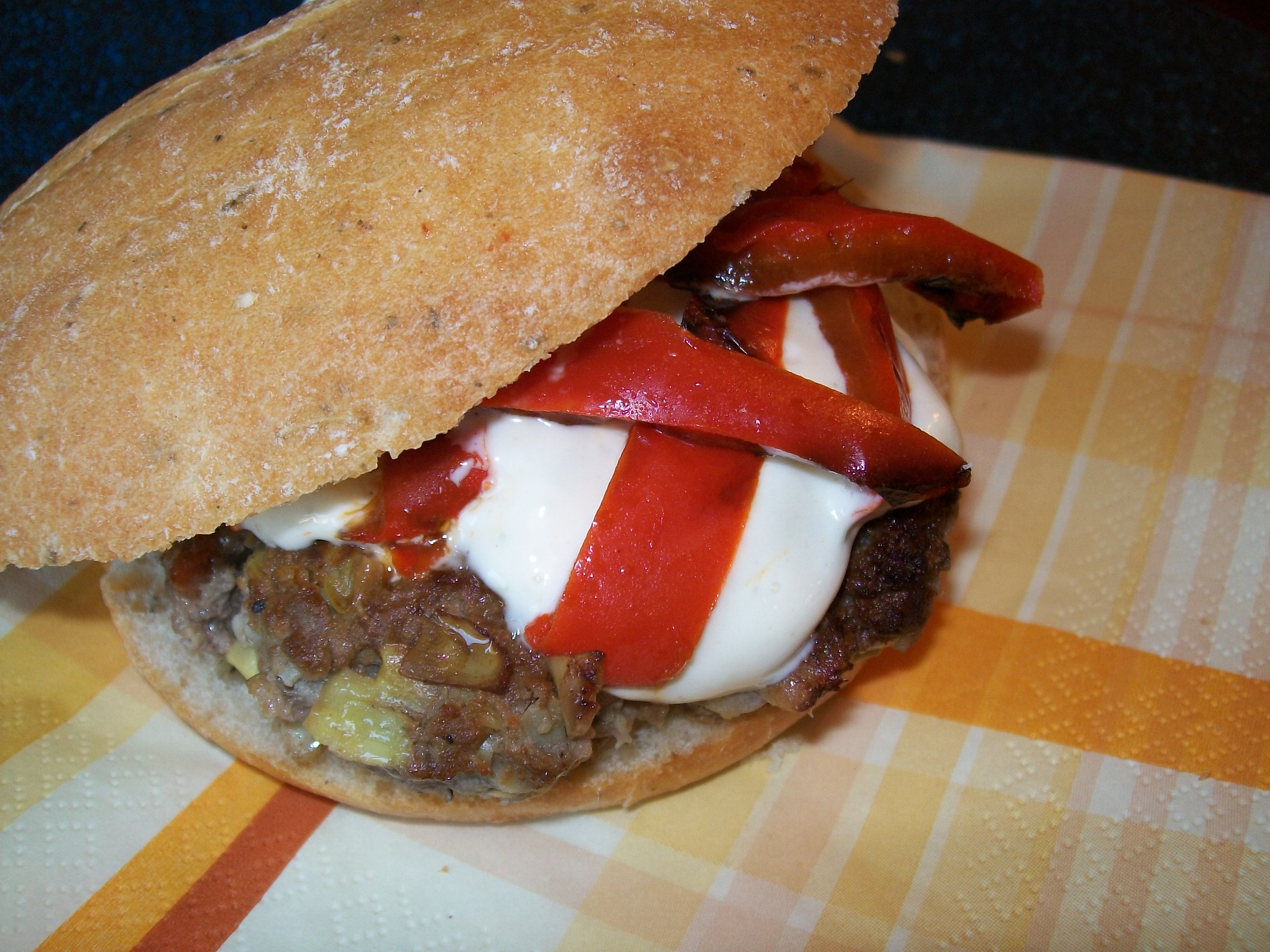 Artichoke & Parmesan Burgers with Lime Mayonnaise & Roasted Red Peppers