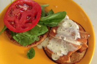 Smoked Trout, Bacon and Tomato Sandwich with Crème Fraiche-Pepper Jelly topping