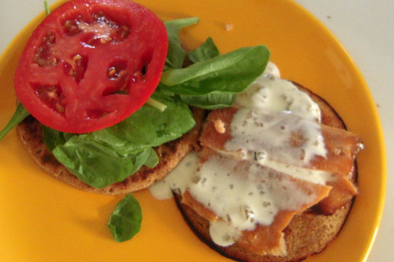 Smoked Trout, Bacon and Tomato Sandwich with Crème Fraiche-Pepper Jelly topping
