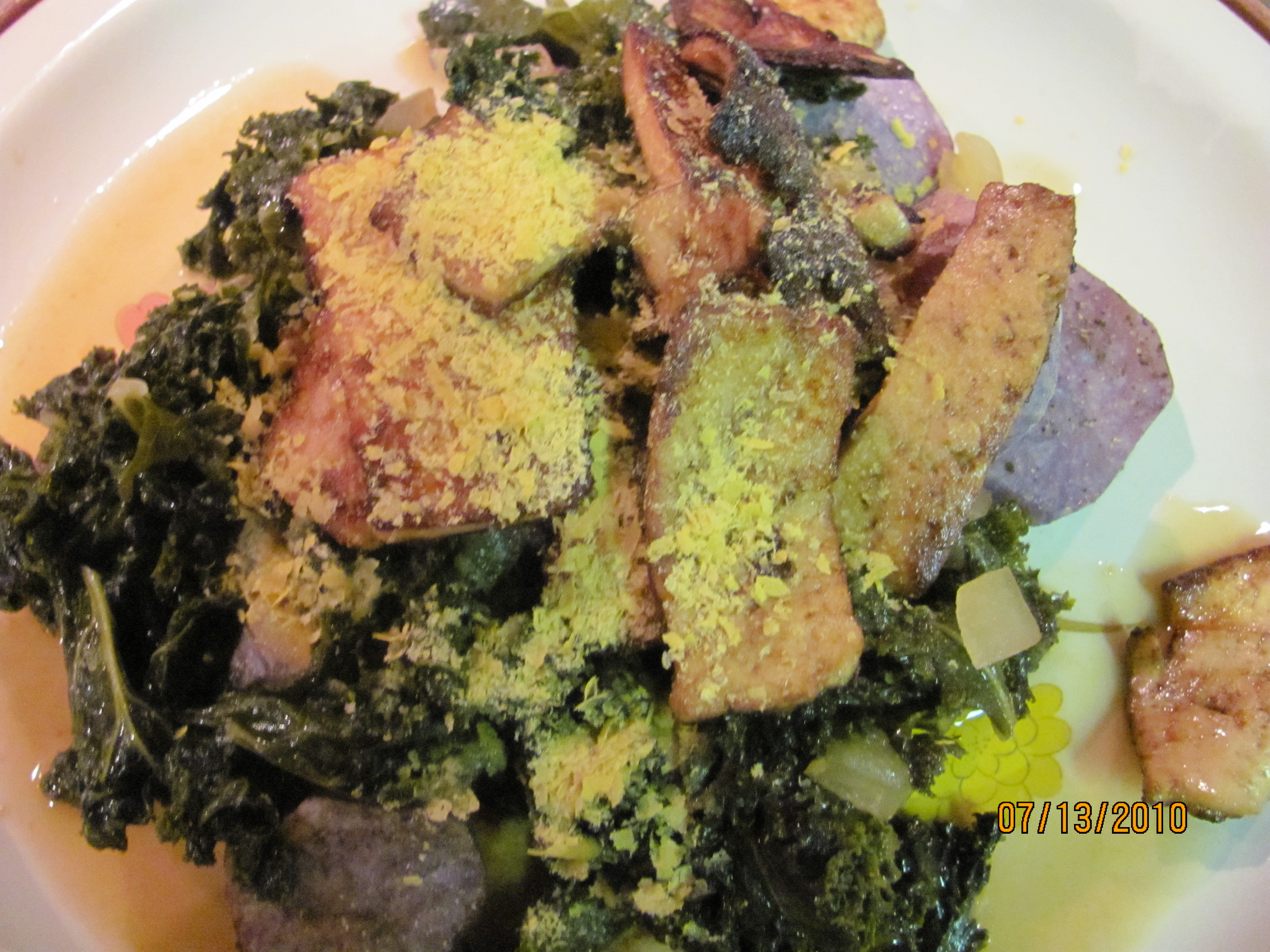 Kale with Heirloom Tomatoes and Marinated Tofu over Potatoes