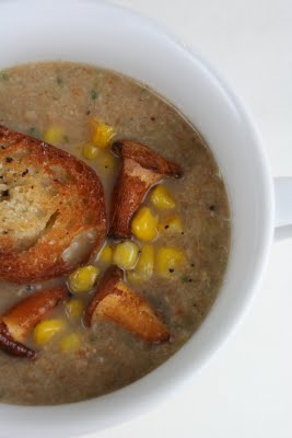 Chanterelle and Leek Soup with Roasted Corn