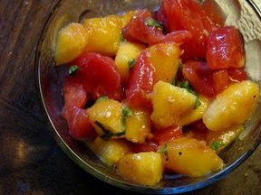 Summer Spectacular Heirloom Tomato and Peach Bruschetta