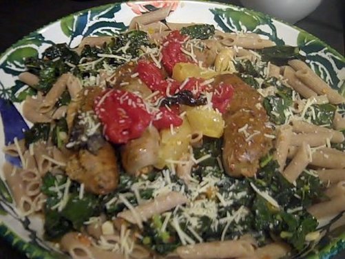 Cilantro Chicken Sausage with Roasted Heirloom tomatoes over Sauteed Kale and Penne