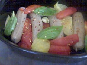 Cilantro Chicken Sausage with Roasted Heirloom tomatoes over Sauteed Kale and Penne