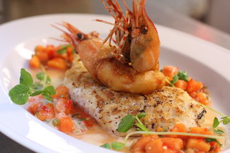 Fresh Coconut and Panko Crusted "Onaga" Papaya Salsa Tempura Fried Shrimp
