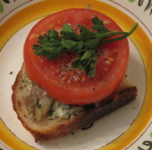 Slice of Summer Tomato Sandwich with Smoked Fish and Basil-Mascarpone