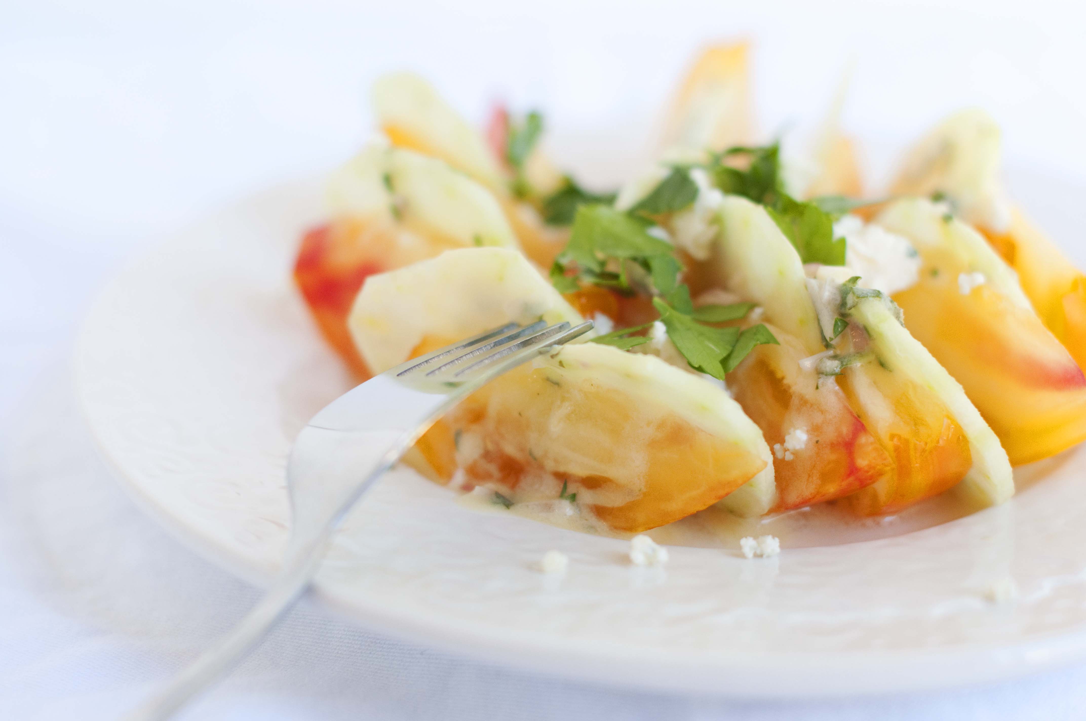 Heirloom Tomato, Cucumber, and Blue Cheese Salad with Herb, Creme Fraiche, and Lemon Dressing