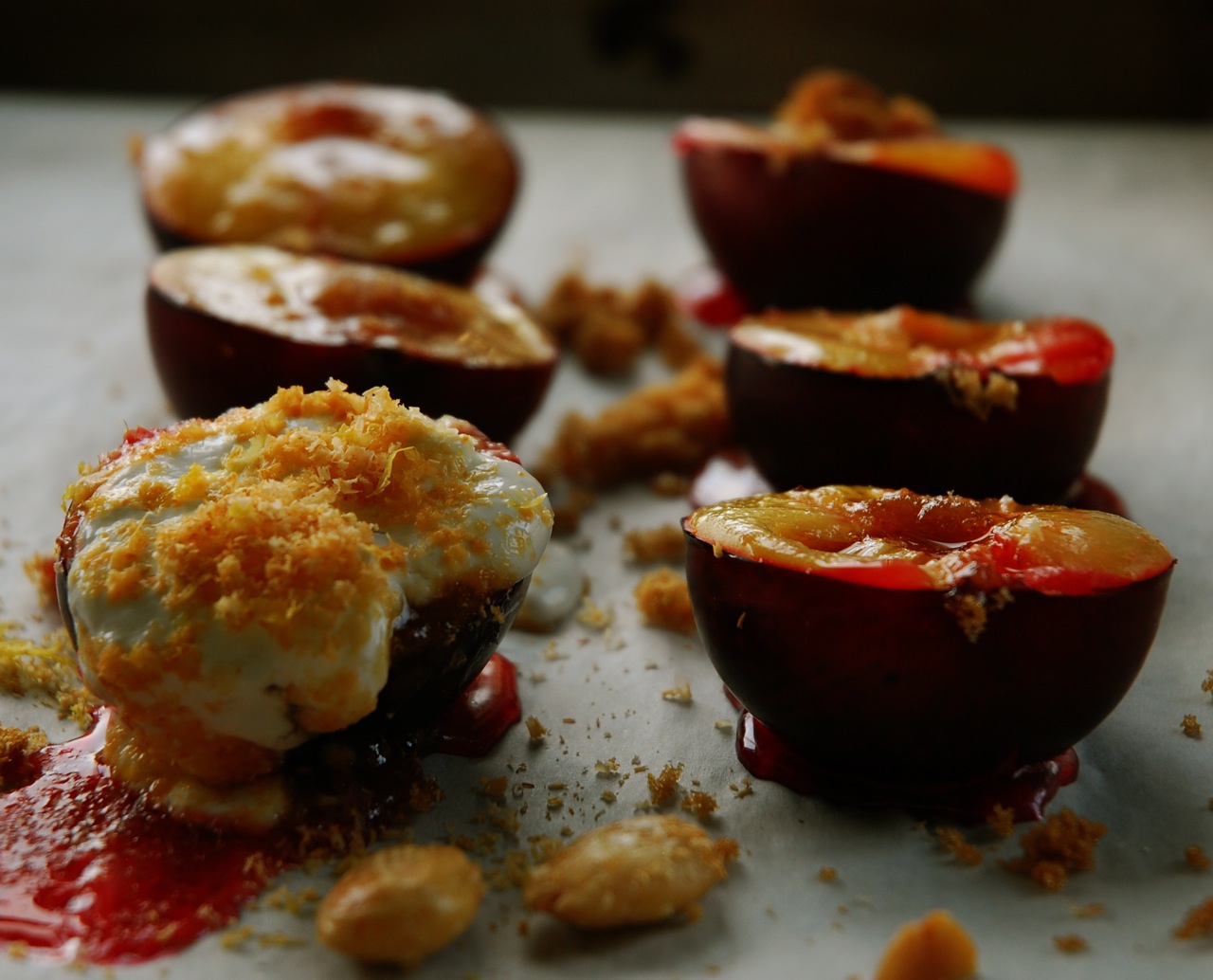 Baked Plums with Creme Fraiche and Marcona Almonds