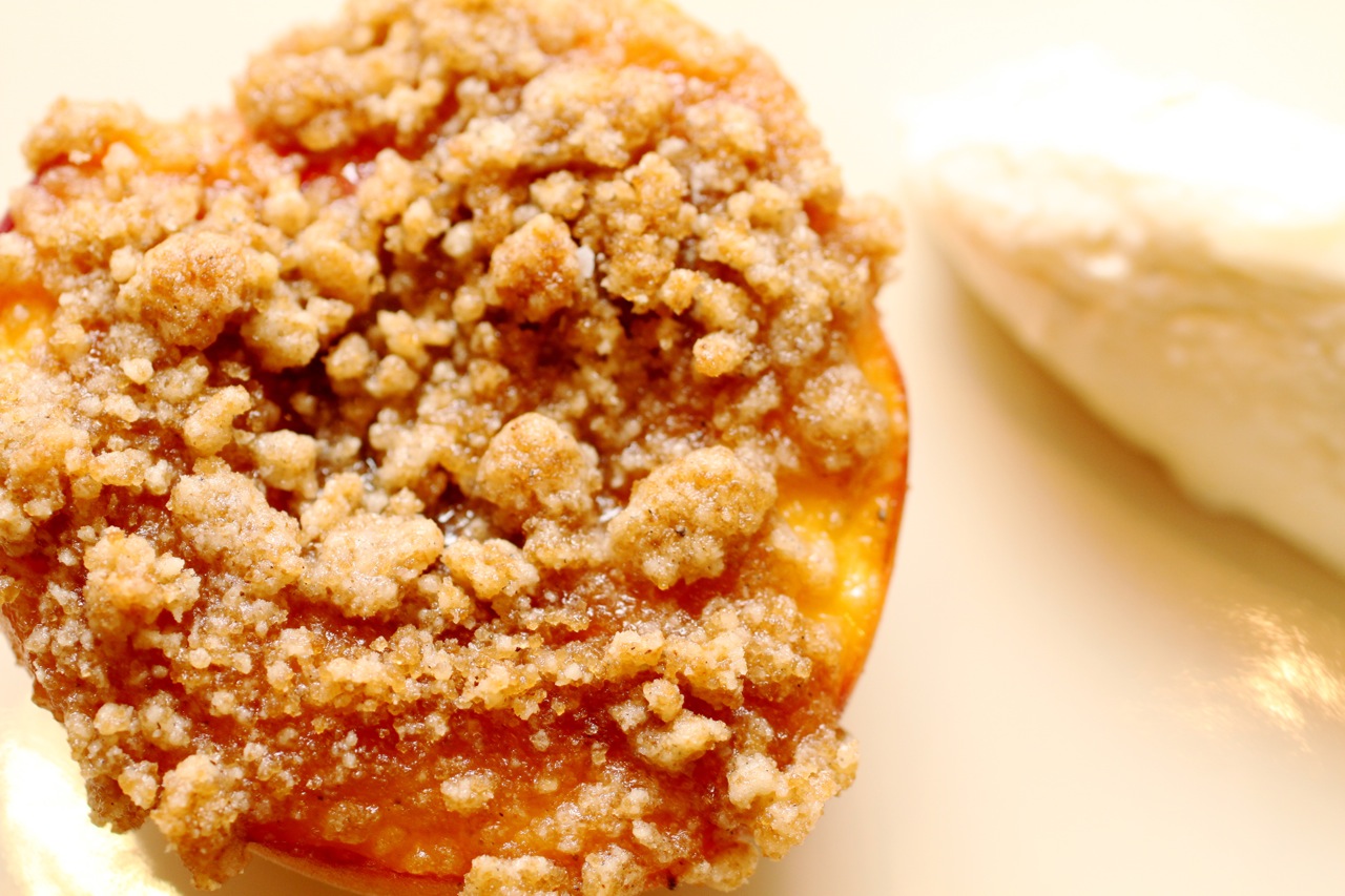 Peaches with Cardamom Streusel & Honey-Vanilla Cream