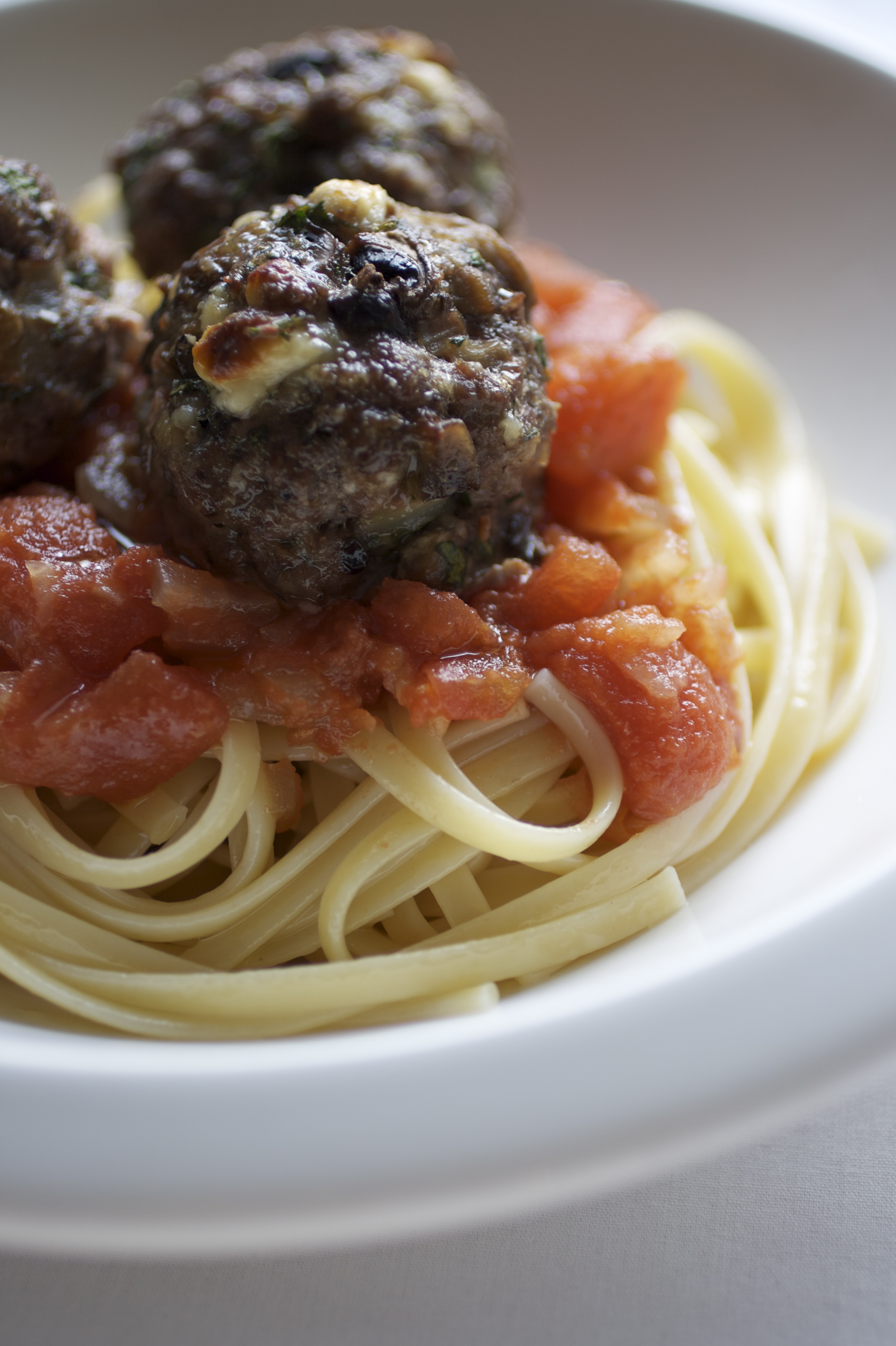 Buffalo, Mushroom & Feta Meatballs with San Marzano tomato sauce
