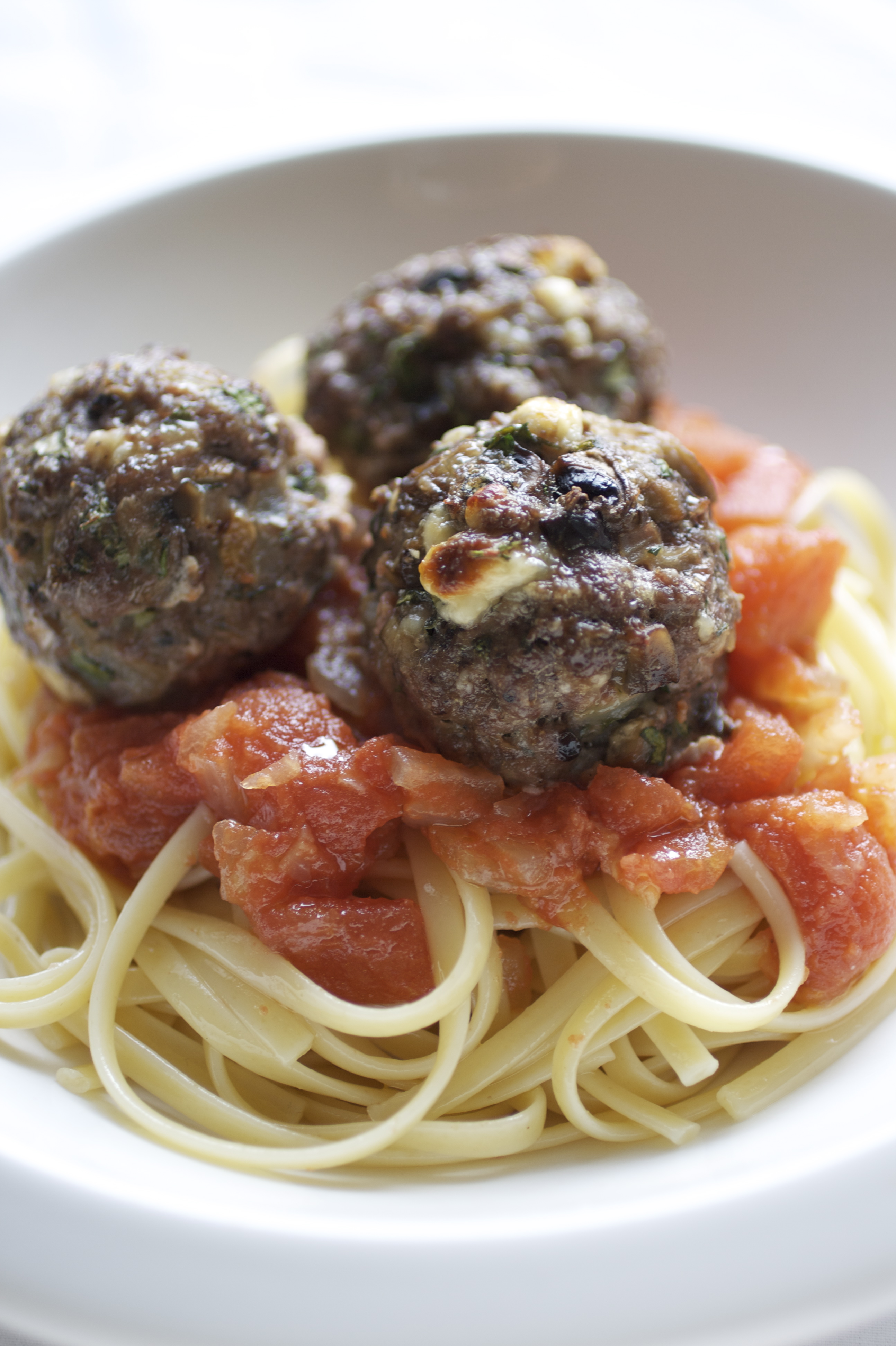 Buffalo, Mushroom & Feta Meatballs with San Marzano tomato sauce