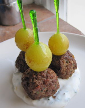 Kefta-Style Meatballs with Grilled Grapes and Yogurt Sauce