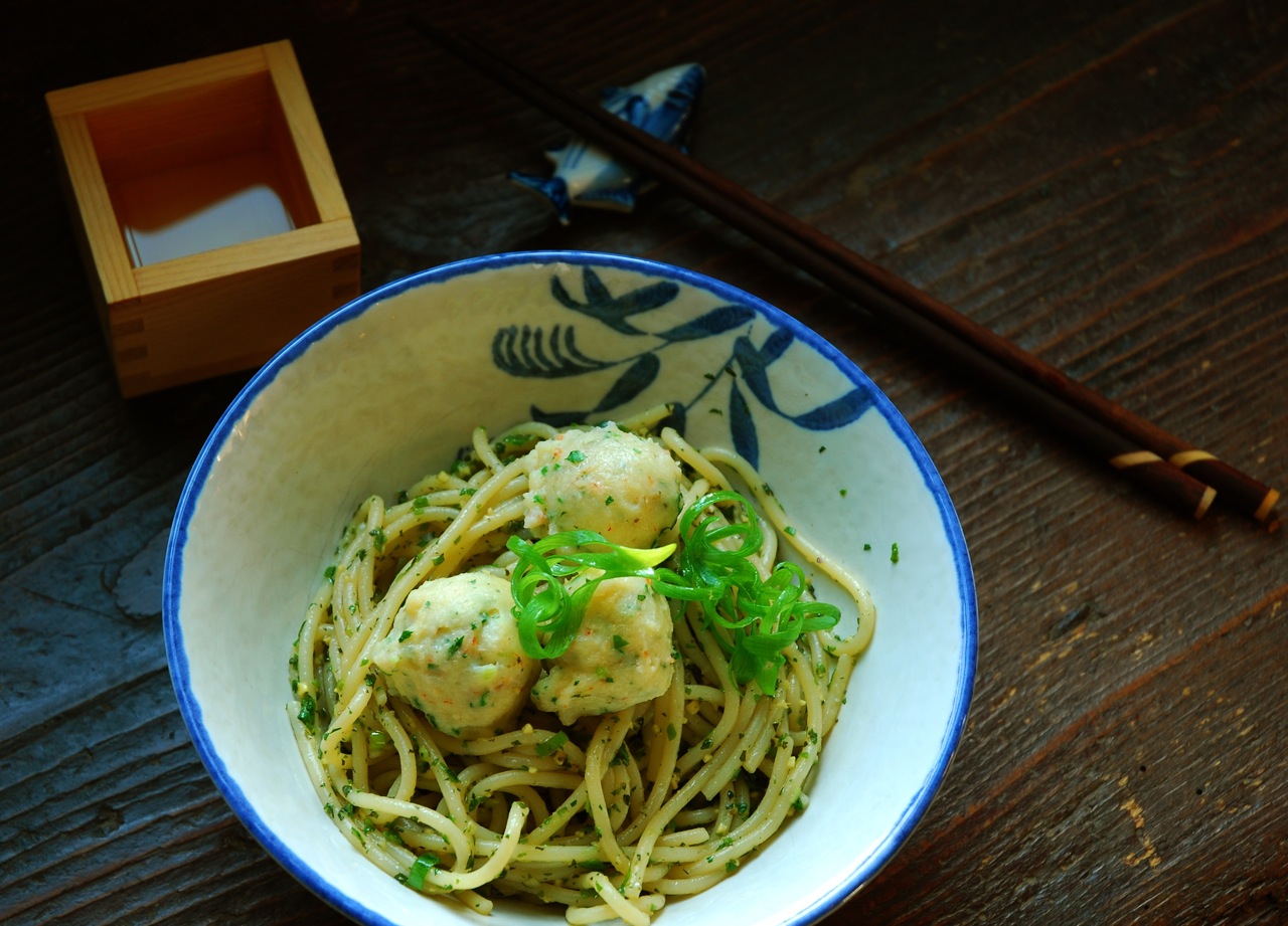 Shrimp Dumplings with Asian Herb Noodles
