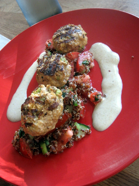 Grilled Lamb Kofta (Meatballs) with Scarlet Quinoa Tomato Cucumber Salad