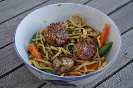 Meatballs with Chinese Celery over Noodles in Lemongrass Miso Sauce