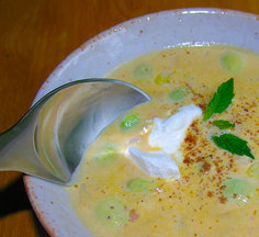 Cream of Succotash Soup, New England style with baby lima beans, pumpkin and corn