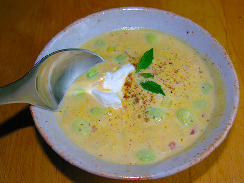 Cream of Succotash Soup, New England style with baby lima beans, pumpkin and corn