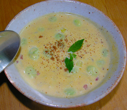 Cream of Succotash Soup, New England style with baby lima beans, pumpkin and corn