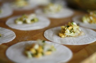 Scallop and Corn Gyoza with Sambal Dipping Sauce