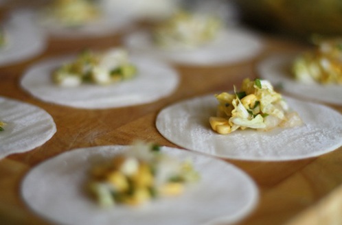Scallop and Corn Gyoza with Sambal Dipping Sauce