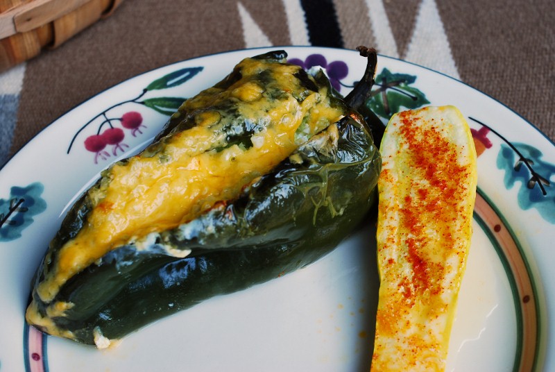 Monster Stuffed Poblano Peppers with Tomatillo Salsa