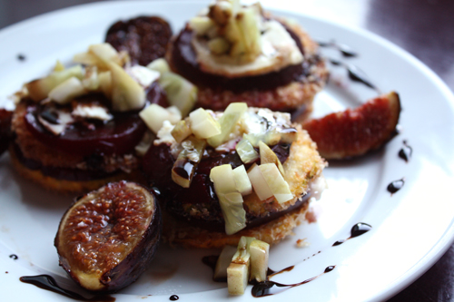 Roasted Beet and Summer Squash Salad with Figs, Chevre, Cucumber Relish and a Balsamic Reduction