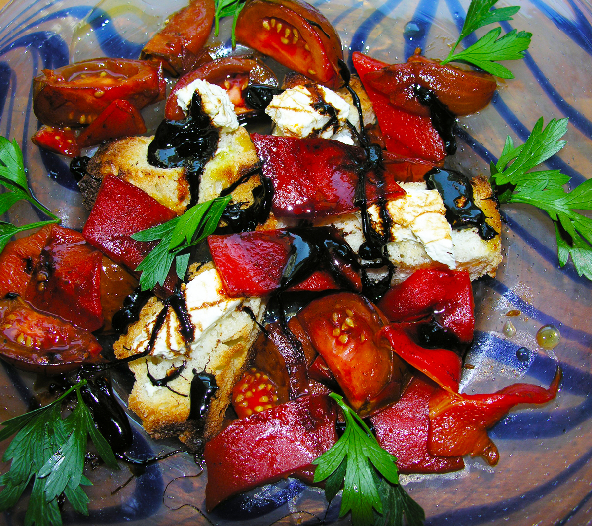 Roasted red pepper and black cherry tomato bruschetta, Pollock style