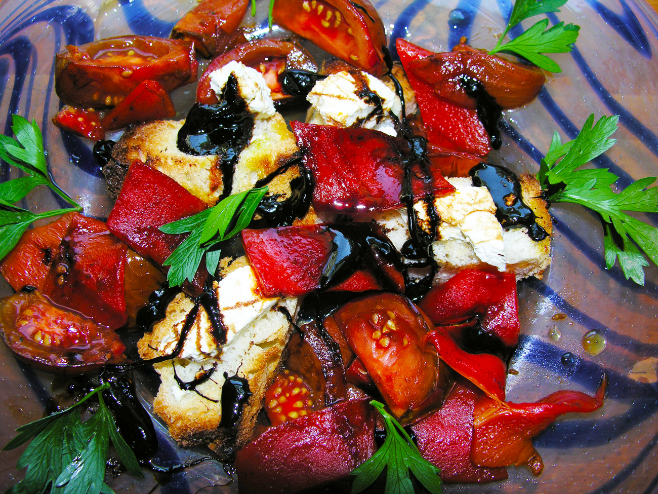 Roasted red pepper and black cherry tomato bruschetta, Pollock style