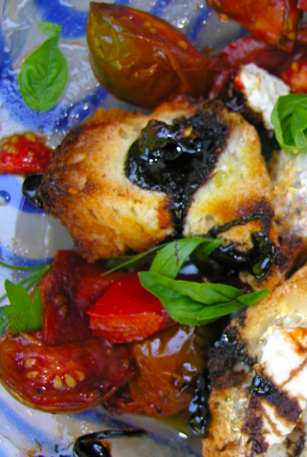 Roasted red pepper and black cherry tomato bruschetta, Pollock style