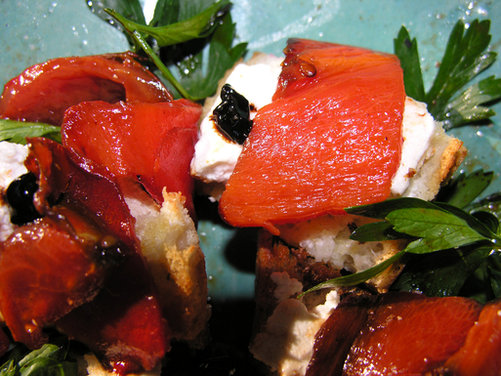 Roasted red pepper and black cherry tomato bruschetta, Pollock style
