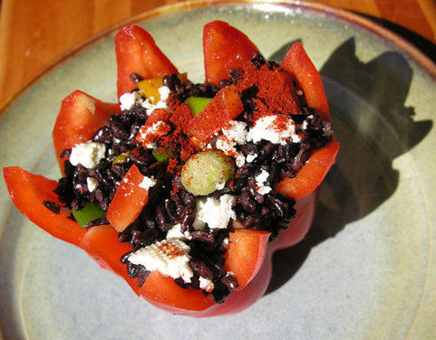 Fresh stuffed red pepper shells with pearl couscous, forbidden rice, kamut or red quinoa