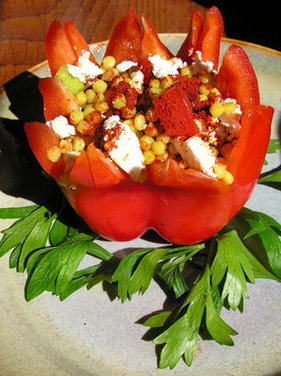 Fresh stuffed red pepper shells with pearl couscous, forbidden rice, kamut or red quinoa