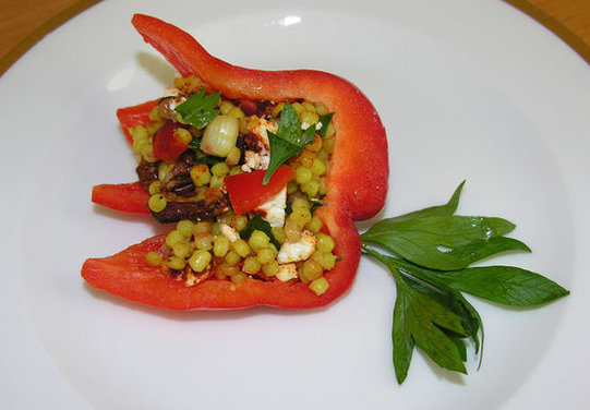 Fresh stuffed red pepper shells with pearl couscous, forbidden rice, kamut or red quinoa