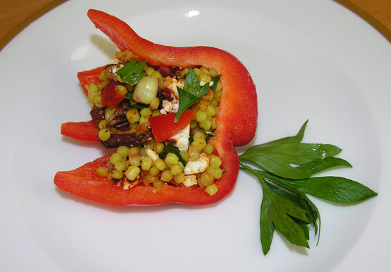 Fresh stuffed red pepper shells with pearl couscous, forbidden rice, kamut or red quinoa