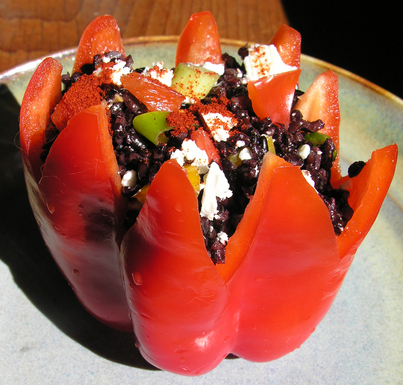 Fresh stuffed red pepper shells with pearl couscous, forbidden rice, kamut or red quinoa